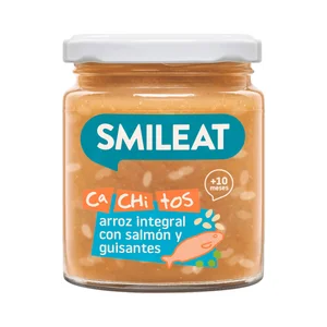 SMILEAT Cachitos Tarrito ecológico de arroz integral con salmón y guisantes a partir de 10 meses 230 g.