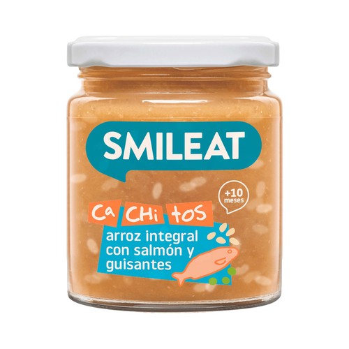 SMILEAT Cachitos Tarrito ecológico de arroz integral con salmón y guisantes a partir de 10 meses 230 g.