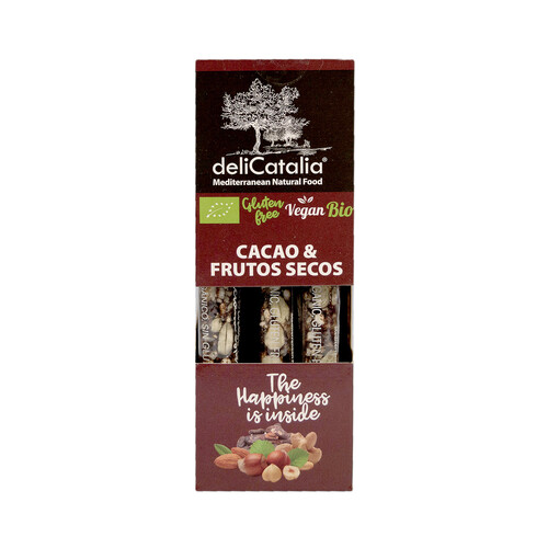 Barrita de cacao y almendra, vegan, gluten free y ecológica, DELICATALIA 3 uds. 90 g.