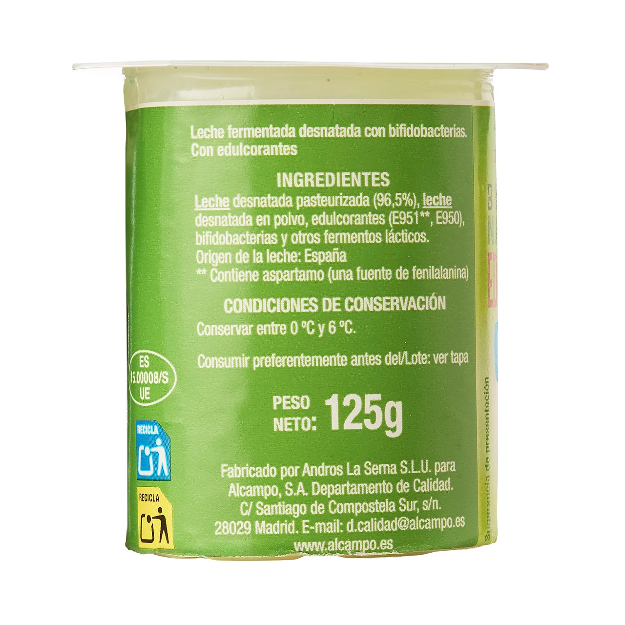 AUCHAN Bífidus desnatado natural edulcorado sin azúcares añadidos 4 x 125 g Producto Alcampo.