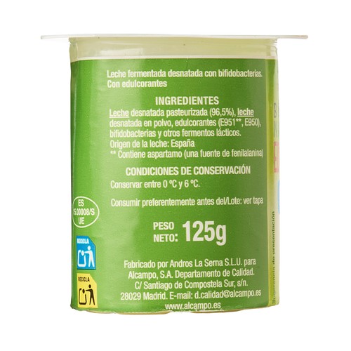AUCHAN Bífidus desnatado natural edulcorado sin azúcares añadidos 4 x 125 g Producto Alcampo.