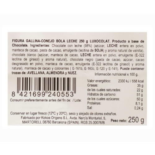 LÚ XOCOLAT Gallina de Pascua de chocolate con leche 250 g.