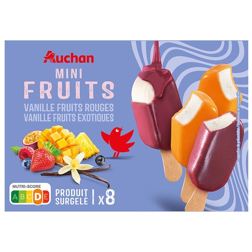 PRODUCTO ALCAMPO Mini helados de vainilla con cobertura de frutas rojas (4) y frutas exóticas (4) 8 x 50 ml.