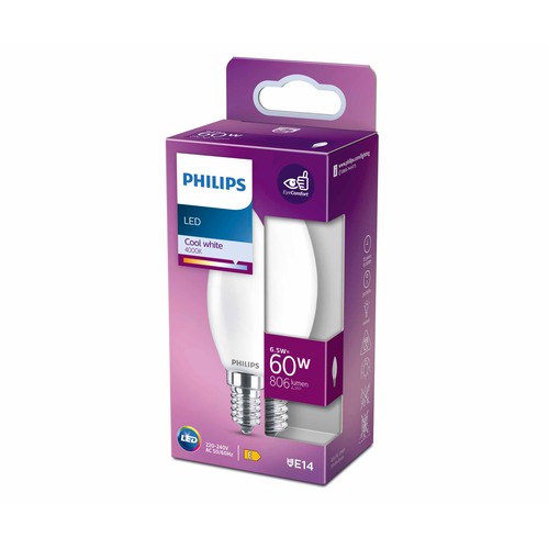 Bombilla Led E14, 6,5W=60W, luz neutra 4000K, 806lm, PHILIPS.
