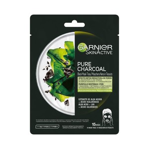 GARNIER Skin active pure charcoal Mascarilla de tejido, con extracto de alga negra, para pieles con poros dilatados.