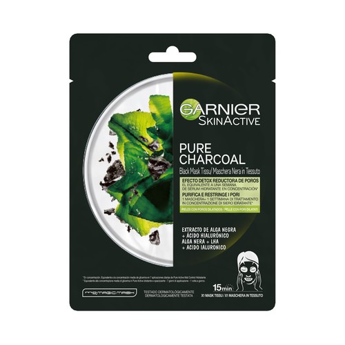 GARNIER Skin active pure charcoal Mascarilla de tejido, con extracto de alga negra, para pieles con poros dilatados.