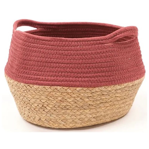 Cesta bimaterial de fibras naturales y algodón, color marrón y rojo, con asas.