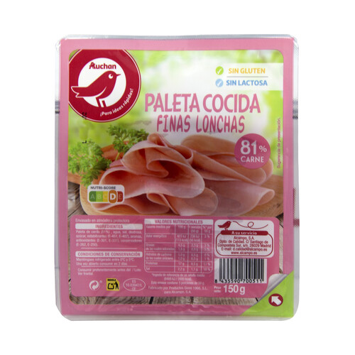 Paleta de cerdo cocida y cortada en finas lonchas PRODUCTO ALCAMPO 150 g.