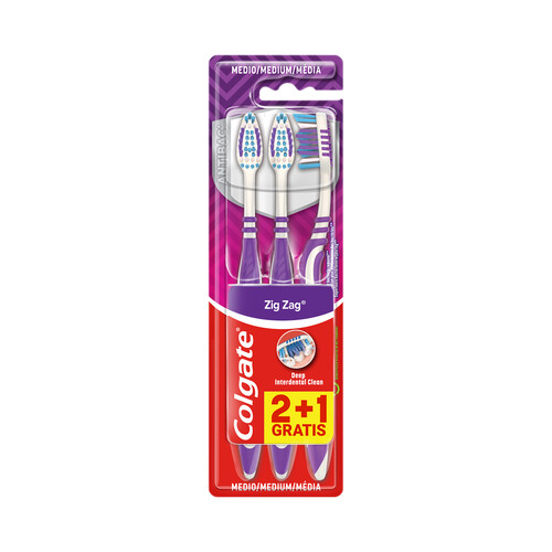 COLGATE Cepillo de dientes medio, con filamentos cruzados y cuello flexible COLGATE Zig zag 3 uds.