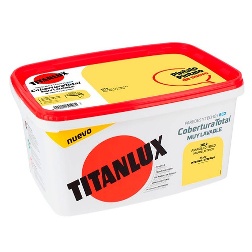 Pintura de cobertura total de color amarillo trigo, cubeta de 4 litros, TITANLUX.