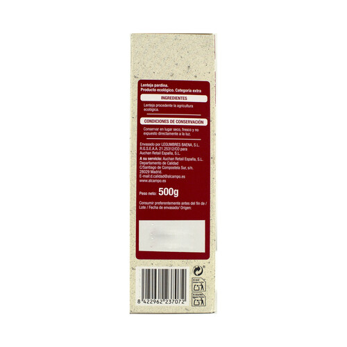 ALCAMPO ECOLÓGICO Lentejas Pardina ALCAMPO ECOLÓGICO 500 g.