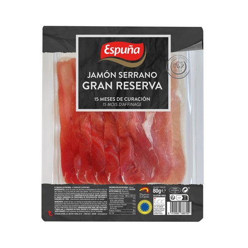 ESPUÑA Jamón serrano gran reserva (15 meses de curación) cortado en lonchas 80 g.