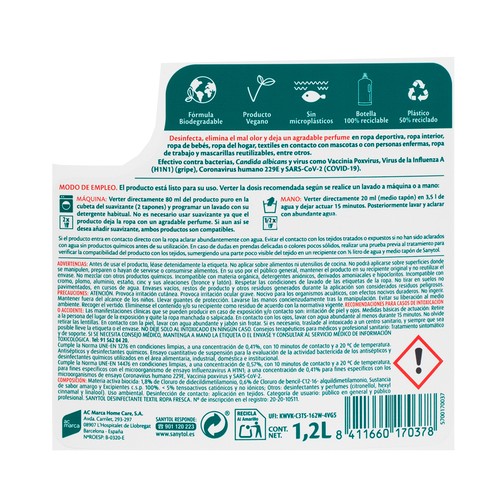 SANYTOL Elimina olores desinfectante textil sin lejía 1.2 l
