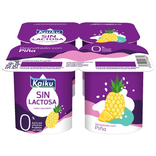 Yogur desnatado 0% materia grasa, sin lactosa ni azúcares añadidos, con piña KAIKU Sin lactosa 4 x 125 g.