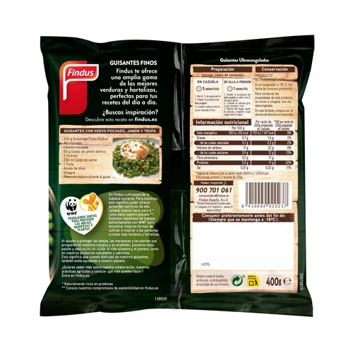 FINDUS Guisantes finos cosechados y congelados en menos de 1 día FINDUS 400 g.
