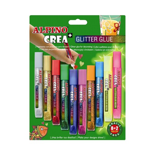 10 bolígrafos de pegamento líquido con purpurina, colores neón y con aplicador roller ALPINO.