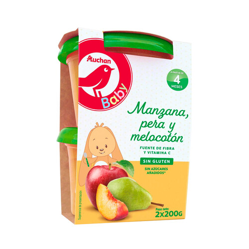 ALCAMPO BABY Tarritos de frutas (manzana, pera y melocotón), a partir de 4 meses 2 x 200 g.