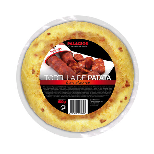 Tortilla de patata con chorizo, lista para calentar y comer PALACIOS 500 g.