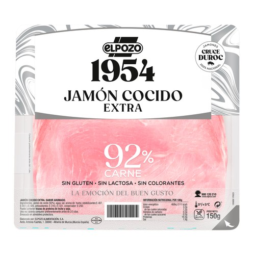 Jamón cocido de categoria extra, sin lactosa, ni colorantes, ni gluten y cortado en lonchas EL POZO Edición 1954 150 g.