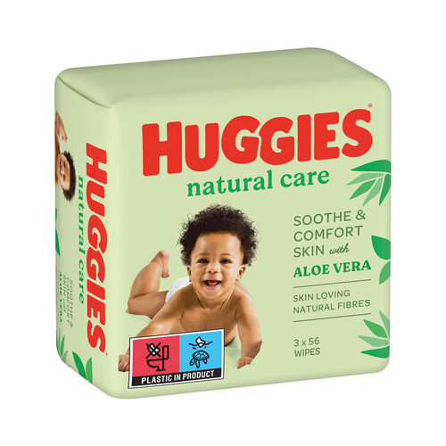 HUGGIES Toallitas humedas para bebé con aloe vera y fibras naturales que cuidan su piel HUGGIES Natural care 3 x 56 uds.