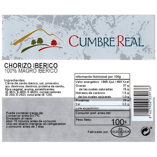 Chorizo ibérico, cortado en finas lonchas CUMBRE REAL 100 g.