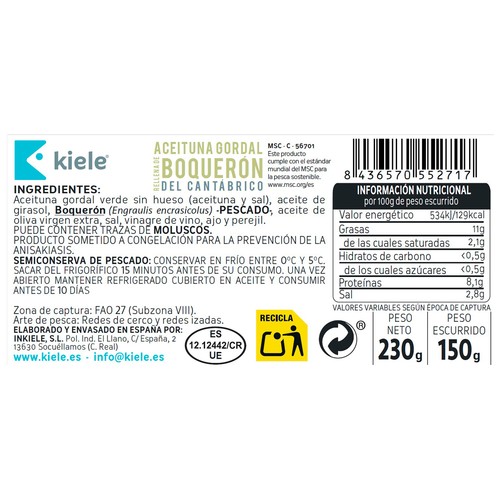 KIELE Aceituna gordal rellena de boquerón del cantábrico MSC (Pesca sostenible certificada) 150 g. 
