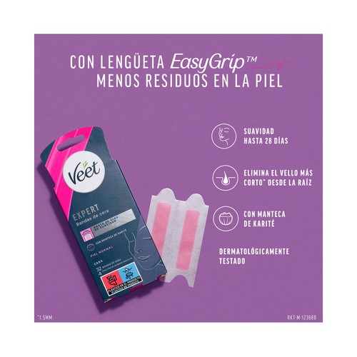 VEET Bandas de cera depilatoria para rostro, pieles normales VEET Expert 32 uds