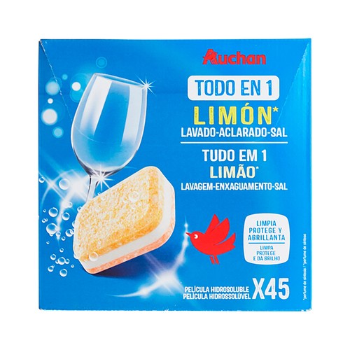 Detergente para lavavajilas, todo en 1, limón PRODUCTO ALCAMPO 45 uds. x 16 g.