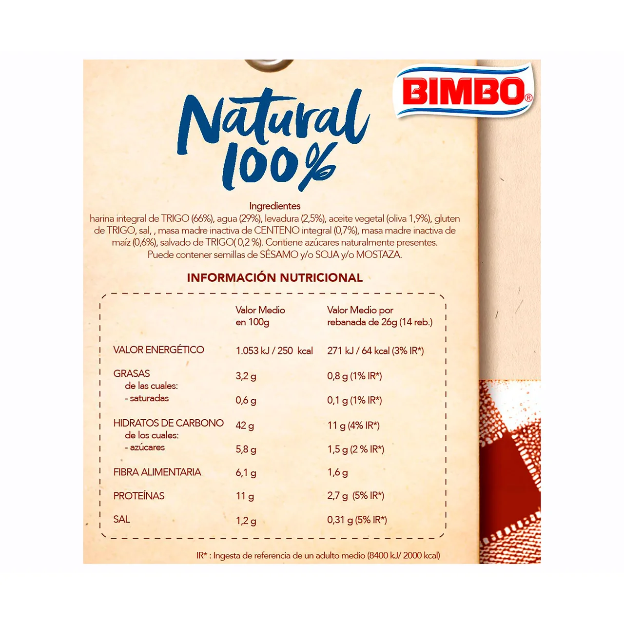 Pan de molde integral con corteza natural 100 % 360 g.