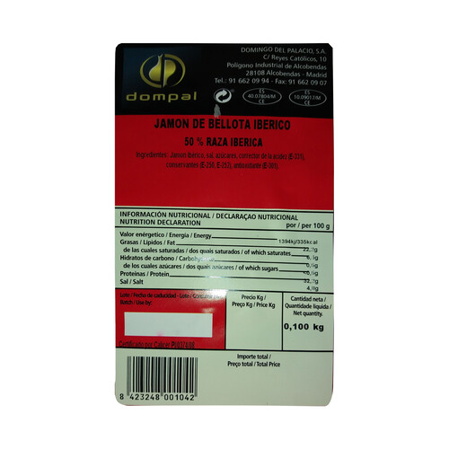 ARDIO Jamón de bellota ibérico (50% raza ibérica), cortado en finas lonchas ARDIO 100 g.