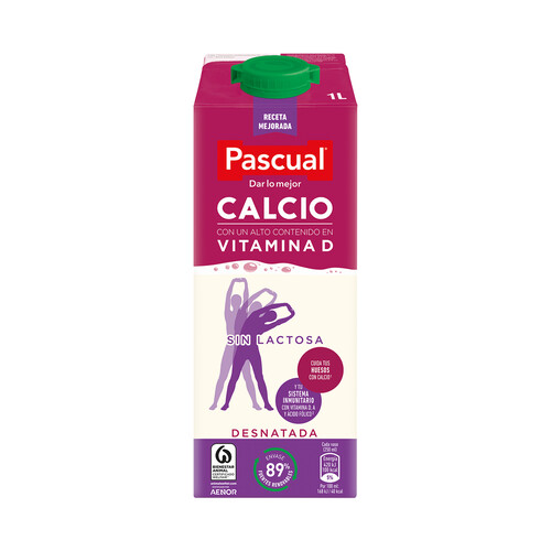 Leche de vaca desnatada, sin lactosa, con calcio y vitamina D PASCUAL Calcio 1 l.