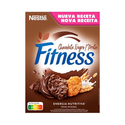 NESTLÉ Fitness Copos de trigo integral, arroz y avena integral, recubiertos de chocolate negro 375 g.