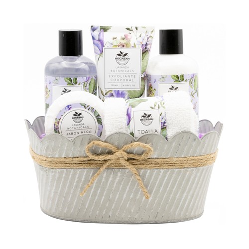 BECASAN NATURE Jardín de lavanda Cesta metálica con productos para el cuidado y la higiene personal.
