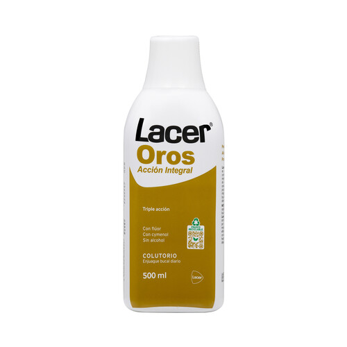 Enjuague bucal diario, con flúor, sin alcohol y triple acción LACER Oros 500 ml.