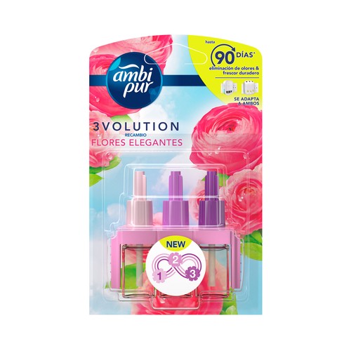 Imagen de Recambio eléctrico con esencia a delicadas flores rosas AMBIPUR 3volution 1 unidad con 3 botellas.