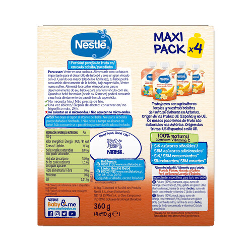 NESTLÉ Bolsita de fruta (plátano y naranja) y galleta, a partir de 6 meses NESTLÉ 4 x 90 g.