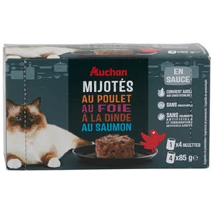 PRODUCTO ALCAMPO Comida húmeda para gatos de salsa con pollo 4 x 85 g.