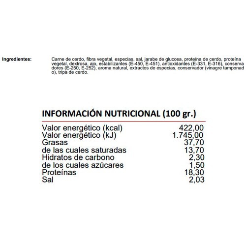 EL CONCHEL Chorizo pincho pincante envasado al vacío Especial Barbacoa 300 g.