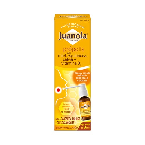 JUANOLA Pulverizador bucal para la garganta, faringe y cuerdas vocales con sabor miel-limón JUANOLA 30 ml.