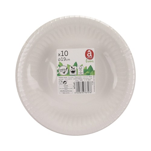 Pack de 10 platos hondos desechables de cartón, 19cm ACTUEL.