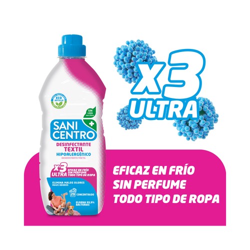 SANICENTRO Desinfectante textil hipoalergénico sin lejia, que ayuda a eliminar los malos olores 1 l.