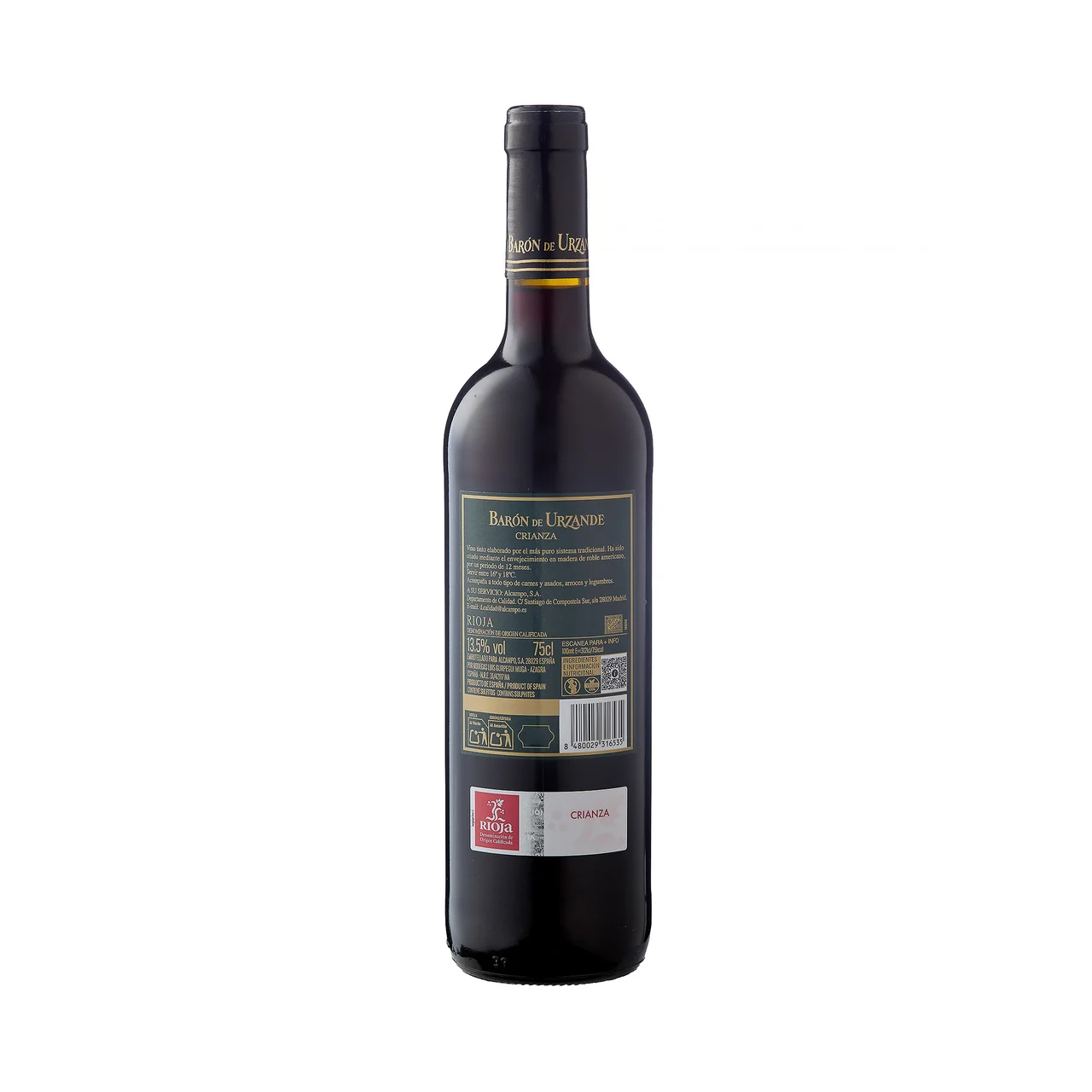 BARON DE URZANDE Vino  tinto crianza con D.O. Ca. Rioja botella 75 cl.