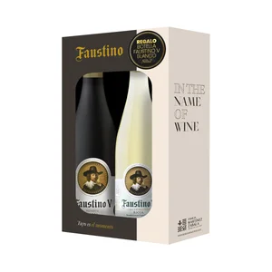 FAUSTINO V Esctuche con botella de vino tinto reserva y vino blanco ambos con D.O. Ca. Rioja.