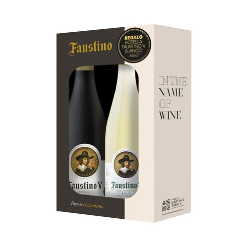 FAUSTINO V Esctuche con botella de vino tinto reserva y vino blanco ambos con D.O. Ca. Rioja.