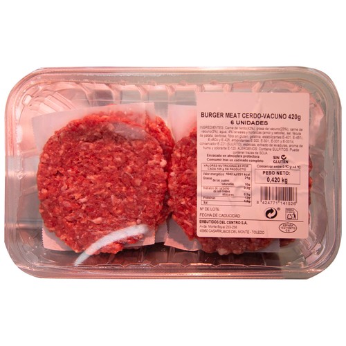 EMBUTIDOS DEL CENTRO Bandeja con burger meat mixta (cerdo-vacuno) EMBUTIDOS DEL CENTRO 6 x 70 g.