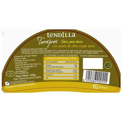 TENDILLA Torreznos sabor jamón Ibérico, con aceite de oliva virgen extra 125 g.