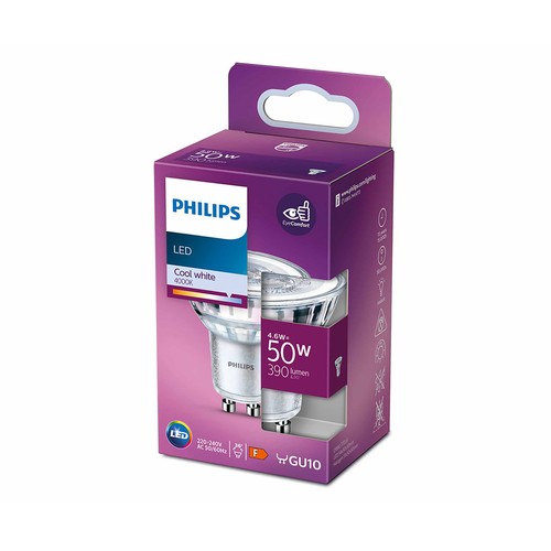 Bombilla Led GU10, 4,6W=50W, luz neutra 4000K, 390lm, PHILIPS.