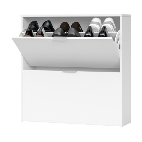 Zapatero de dos puertas, diseño moderno, fabricado en resistente melanina de color blanco brillo, 76x75x22 cm, FORES