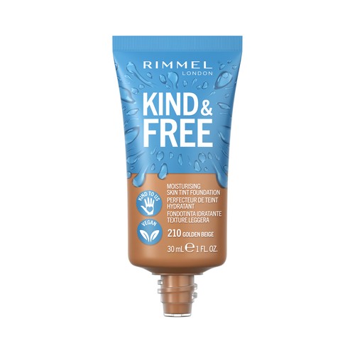 RIMMEL  Kind & free Tono 210 Golden beige Base de maquillaje hidratante para un acabado radiante y saludable,30 ml.