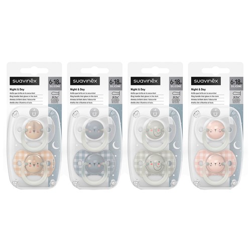 SUAVINEX Night & day Chupetes con tetina fisiológica de silicona, de 6 a 18 meses.